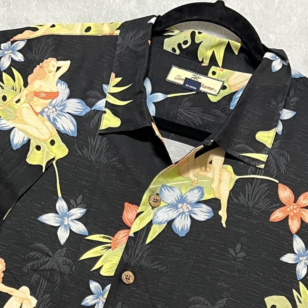 Tommy Bahama Silk Pinup Girl Hawaiian Shirt Mens XL Black Tropical Floral Hula